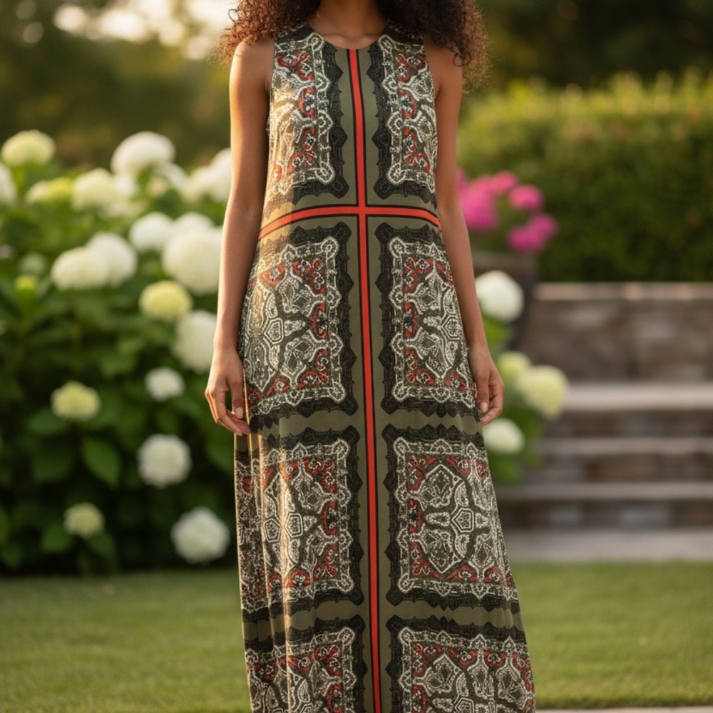 Cato Olive Maxi Dress with Red Trim and Paisley Print